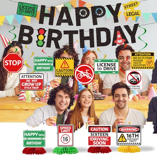 Image of Driver License Birthday Party Decorations - 14PCS 16th Birthday Banner with Hanging Swirls Party Decoration Boys Car Theme Honeycomb Centerpieces Decor for Boys