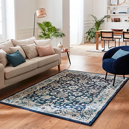 Nazar Tapis de Salon Vintage, Tapis Style Moderne, Tapis à Poils Ras, Lavable, Tapis Vintage Chambre (120x170 cm, 581 Bleu)
