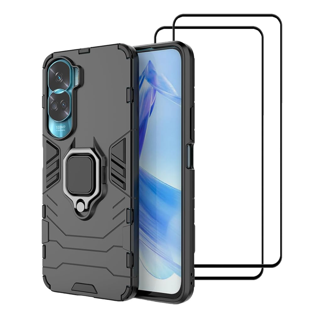 MIAIER [1+2] Case for Honor 90 Lite 5G Case, with Tempered Glass Screen Protector (2 Pcs), Built with Magnetic Ring Kickstand, Duty Dual Layer Shockproof Protective Case Cover (Honor 90 Lite, Black)