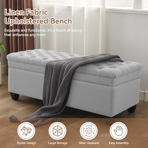 Image of WUTUTUEE 50 inch Fabric Storage Ottoman Bench, Upholstered Rectangle End of Bed Storage Ottoman Tufted Living Room Bedroom Bench with Safety Hinge, Solid Wood Legs, Loads 500 lb(Light Grey)