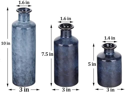 Miniatura 2 de Juego de 3 jarrones pequeños de cerámica azul, casa de campo moderna para botellas de decoración del hogar, jarrones decorativos rústicos de