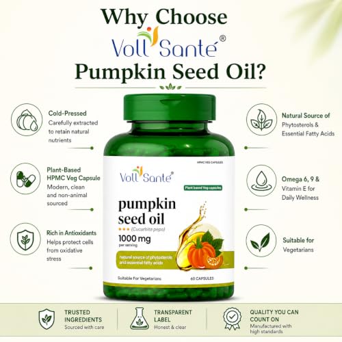 Image of Voll Sante Pumpkin Seed Oil Capsule,1000 mg Per Serving|HPMC Plant-Based Veg Capsules|Non-GMO|Cold-Pressed | Ayurvedic | Dietary Supplement | Natural Source of Omega 6 & 9 Essential Fatty Acids | Supports Hair & Skin Health | 60 Capsules ( Pack Of 1) (60 Count)