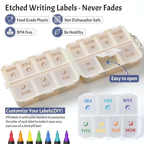 NEW Foldable & Double Protection Portable Weekly Pill Organizer 2 Times A Day with Etched Labels, AM PM 7 Day Week Medicine Box, Daily Travel Pill Case Holder Dispenser for Vitamin, Supplement - Khaki