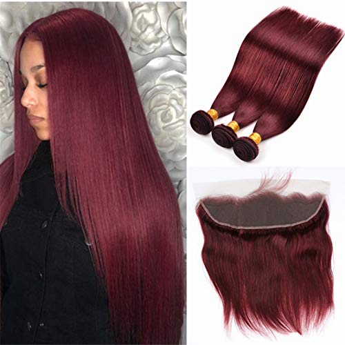 Brazilian Virgin Hair 99j Burgundy Straight Hair Weaves 3 Bundles with Lace Frontal 13x4 Free Part Red Wine Color 100% Unprocessed Human Hair Weft Weaves (22 22 22 with 20F, 99j/burgundy/wine red)