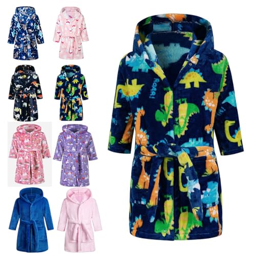 Lodunsyr Peignoirs de Bain Enfant Vêtements de Nuit Garçon Fille Peignoir Ultra Doux et Léger Serviette de Bain Capuche Bleu Dinosaure 6-7 Ans