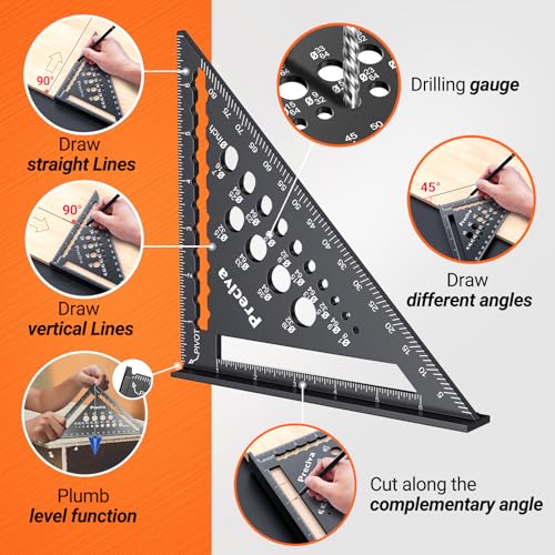 Preciva 2Pcs Aluminum Alloy Carpenter Square Set - 7" Rafter Square & 12" Combination Square | Precision Layout & Marking Tool for Woodworking Framing - Image 3