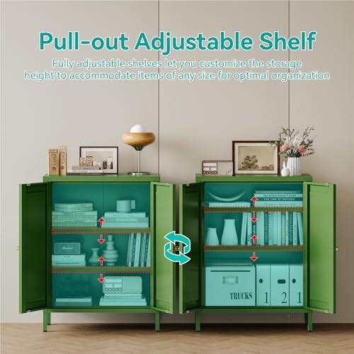Image of Small Metal Storage Cabinet, 23.6 inch Wide Bathroom Cabinet with 2 Adjustable Shelves, 3-Tier Shaker Sideboard Storage Unit for Entryway Living Room Kitchen,Forest Green