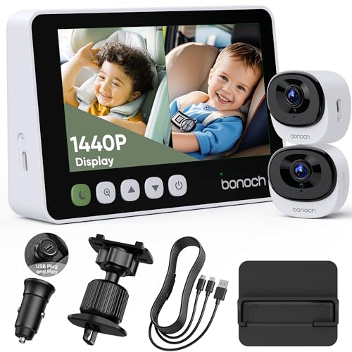 Image of bonoch 5" 1440P Baby Car Camera for 2 Kids - 360° Rotating Adjustable Wide View Dual Cameras, Split Screen Night Vision, Easy Setup Car Seat Monitor, USB Powered with Charger, Shower Gift for Parents