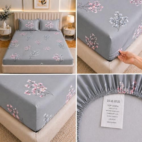 Image of Castiqa Elastic Fitted Supersoft Premium Polycotton 200TC King Size Bedsheets with 2 Pillow Covers (Fits Upto Mattress of 8Inches) (Light Gray, Full 72x78x8Inch)
