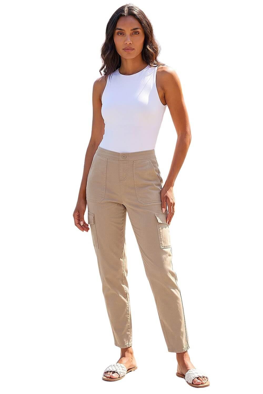 Roman Women's Natural Casual Elastic Waist Cargo Stretch Trousers In | Size: 16