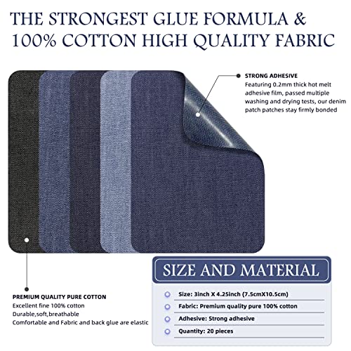 Image of KING MOUNTAIN Iron-on Repair Patch 20 Pcs Pack,Denim Patches for Jeans Kit 3 inch by 4-1 /4 inch,100% Cotton Denim Iron-on Repair Patch,Jeans and Clothing Repair and Decoration Kit (Five Color 1.0)