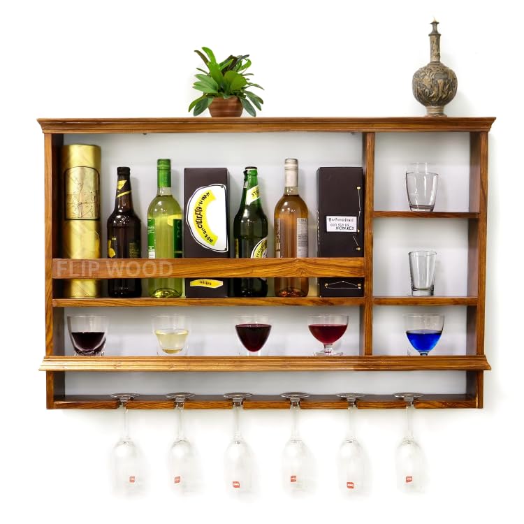 solid wood hanging personal mini bar for home and farm house l bar cabinet with glasses hanging space l mini bar wine rack for home and personal uses l (brown finish)
