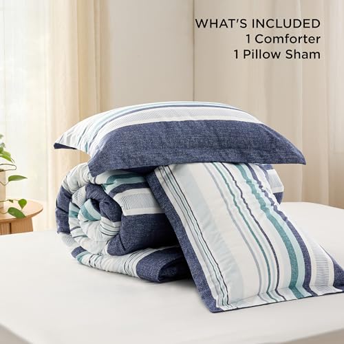 Image of Bedsure Twin /Twin XL Comforter Set - Twin Extra Long Comforter Set for Boys, Striped Dorm Bedding, 2 Pieces, 1 Soft Reversible Blue Comforter and 1 Pillow Sham