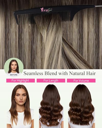 Image of YoungSee Dark Brown Tape in Hair Extensions, Balayage Tape Hair Extensions Real Human Hair, Dark Brown Roots Ombre Ash Blonde, Hair Extension Tape in Ombre, for Short Hair, 12 Inch 20pcs 30g
