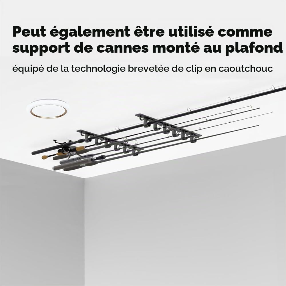 MiOYOOW Support de Canne à Pêche, Porte Canne à Pêche Mural avec Pinces Antidérapantes, Ratelier Mural Horizontal pour 6 Cannes, pour Combos, Garage, Bateaux