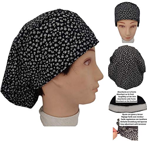 Gorro de quirófano para Mujer Florecillas Negras Para pelo largo Absorbente en la frente ajuste con goma y tensor