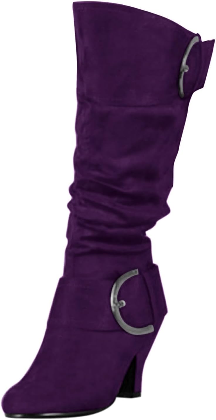 Knee High Boots Women Wide Calf High Chunky Heels Winter Boot Comfortable Pointed Toe Pull On Suede Slouch Riding Boots With Belt Buckle Tube Fashion Chunky Heeled Tall Shoes