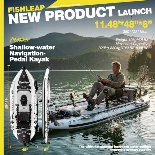 Spatium 11.5ft Flipper Pedal Drive Fishing Inflatable Kayak with Motor,Stable Sit on Top Fishing Board Hull for Shallow-Water Navigation,360°Rotatable & Adjustable Seat