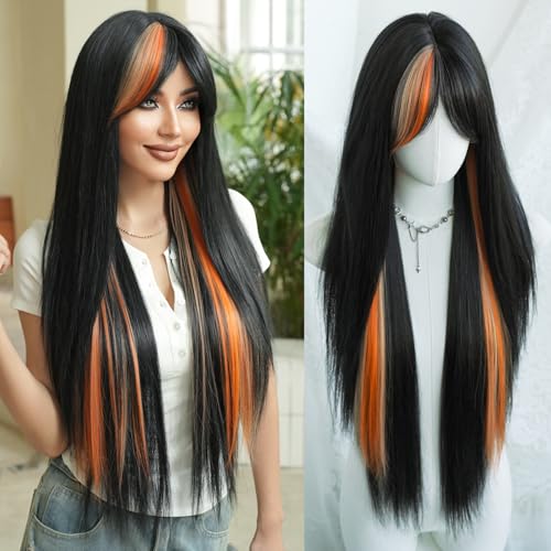 7JHH WIGS 35IN Long Hair Natural Black Highlight Ginger Straight
