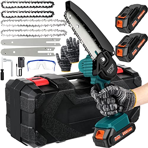 Mini Chainsaw Cordless 6 Inch/8 Inch Handheld Chainsaw- 24V Hand Saw Battery Powered, Pruning Saw For Tree Branches, Courtyard, Household, Garden, Wood Cutting Tree Trimming（2 Batteries+ 4 Chains） #TOP19