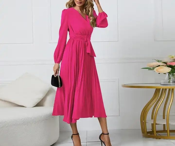 Women's Dresses V Neck Wrap for Wedding Guest Casual Long Dress Pleated Long Sleeve Midi Dress Ruffle Smocked Dress2