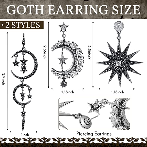 2 Pairs Goth Earrings Moon Drop Earrings Sun Star Earring Rhinestone Punk Earrings Vintage Long Drop Dangle Stud for Women2
