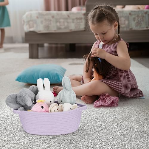 Image of Baby Gifts Basket Empty with Gifts Bag and Ribbon12 inchx8 inchx5 inch Cute Gifts Basket to Fill Easter Basket Birthday Basket Small Woven Cotton Rope Basket Baby Toy Baske(purple, regular)