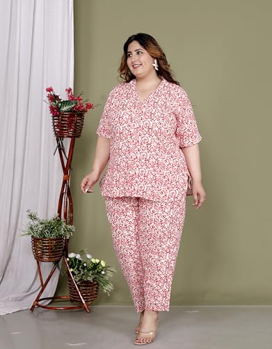 Image of Printed Shirt Style Cotton Night Suit for Women with Extra Plus Size