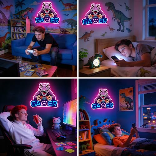 Image of Dinosaur Neon Sign, T-Rex LED Neon Light for Wall and Room Decor, USB Dimmable Powered LED Signs for Bedroom, Man Cave Party, Birthday Christmas Gift (T-REX Game)