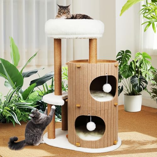 Luxus Kratzbaum mit 2-stöckiger Kratztonne | Katzenbaum mit Katzenschlafhaus, Sisalbrett,abnehmbarem Bett & Spielball | Stabiles Katzenmöbel für Mehrkatzenhaushalte | Kletterbaum Aktivitätsbaum