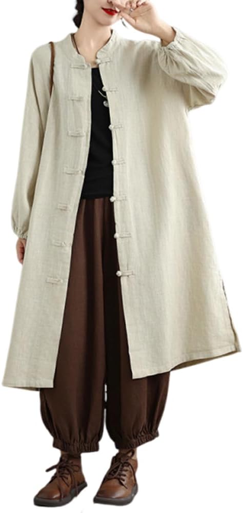 PRINCESS BRIDE Women Cotton Long Jacket Outerwear Cardigan Tops Simple Quiet Clothes Linen Blend Robe Coat
