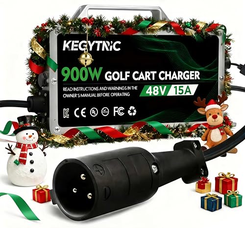 Club Car Battery Charger, 15 AMP 48 Volt Golf Cart Charger with 3-Pin Round Plug, 900W Club Car 48V Charger, 20% Faster & Safer for Lead Acid Battery, Auto Power-Off & IP67 Waterproof