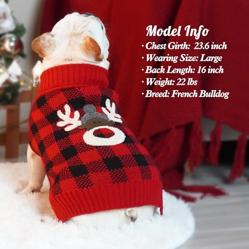 Kyeese Christmas Dog Sweater Reindeer With Leash Hole Dog Sweaters Red Buffalo Check Pet Sweater,L thumb #5