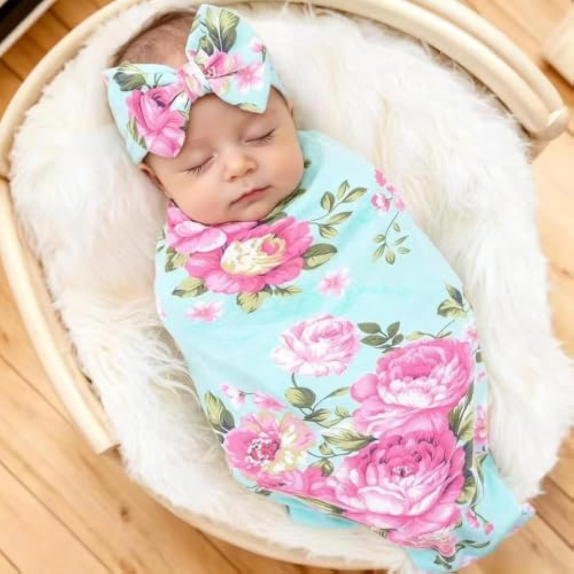 Newborn Cotton Headband Set with Flower Print Swaddle Blankets