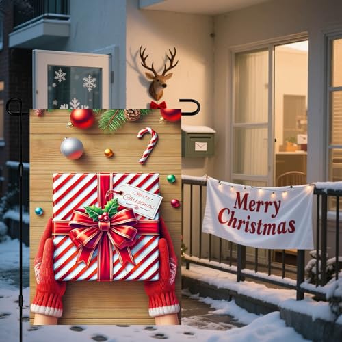 Image of BlissYard Christmas Garden Flag 12x18 Inch Candy Cane Box Yard Decor | Double sided polyester, christmas wrapped box design, wrapped box decor for holiday porch and yard