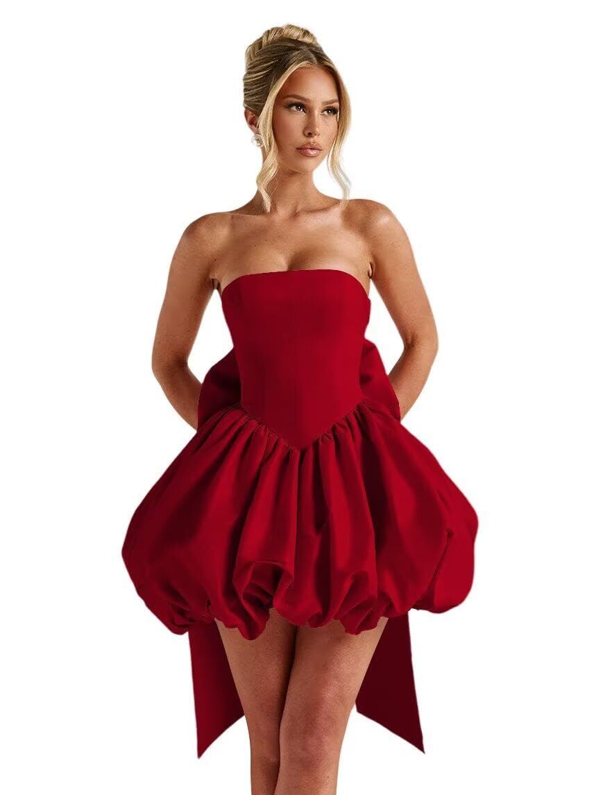 Strapsless Puffy Satin Homecoming Dresses for Teens 2026 Mini Cocktail Pary Dress with Bow On The Back LSH40