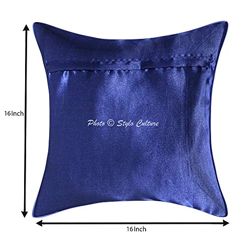 Image of Decorative Brocade Cushion Covers 16 Inch x 16 Inch Banarasi Jacquard Navy Blue & Gold Home Decor Peacock Traditional Square 40x40 cm Zippered Sofa Settee Pillowcases -Set of 2 Pcs