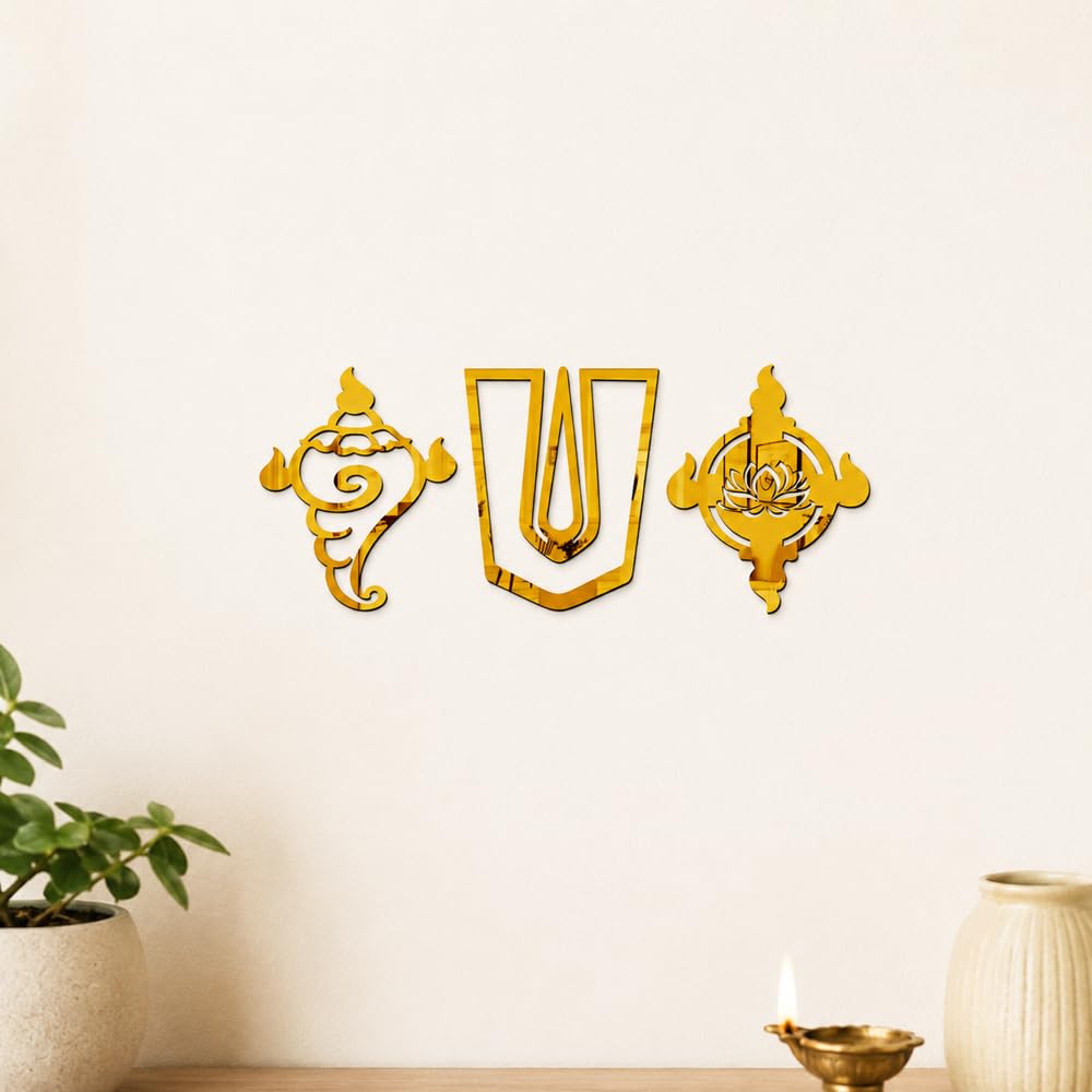 Wall1ders Shanku Chakra Namah (Size 41 x 17 cm) Pooja Room Sticker for Home, Festival Wall Mirror Stickers, Acrylic Stickers, Wall Stickers for Hall Room, Bed Room, Kitchen (Golden)-image-43