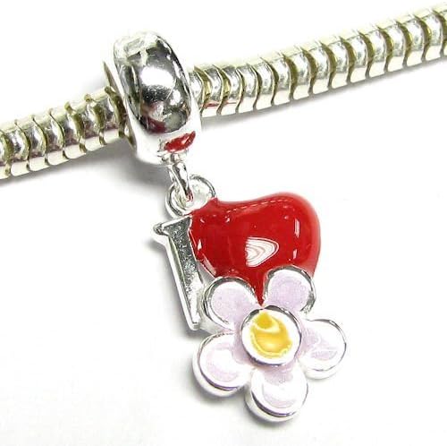 Queenberry Enamel Sterling Silver Love Heart Flower Dangle Bead for European Charm Bracelets, Purple,Red,Silver,Yellow