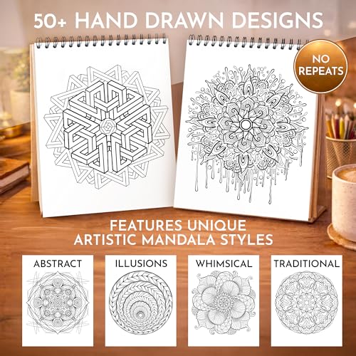 Image of Premium Artistic Mandala Coloring Book for Adults - 50 Abstract Designs - 180gsm Thick Bleed-Proof Paper, Spiral Bound Lay-Flat, Perforated - Frameable Art, Relaxation Gifts for Women, Adult Coloring