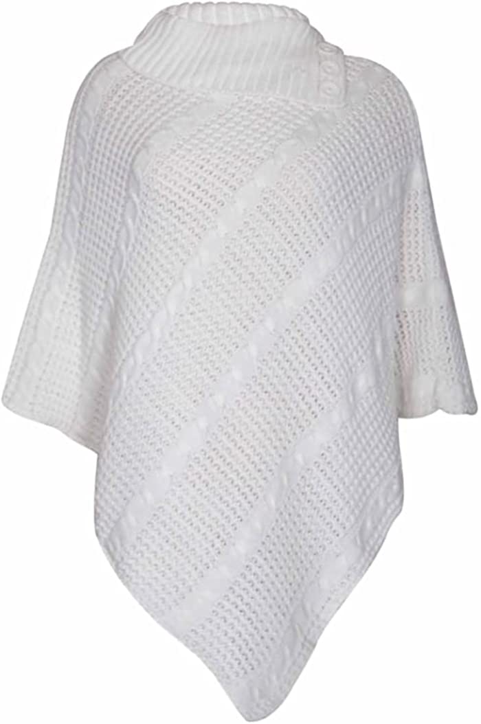 Womens Check Printed Ladies Stretch Knitted Collared Cape Wrap Shawl Jumper Poncho Top (Plain Cream)