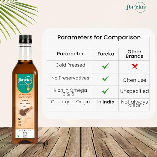 Image of Foreka Cold Pressed Mustard Oil - Unrefined Oil For Cooking - Chemical-free and 100% Natural (1 Litre (Pack of 1), Black Mustard)