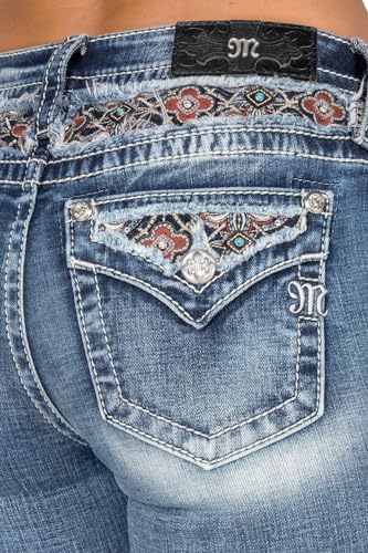 Miss Me Women's Mid-Rise Bootcut Jeans, Floral Embroidered Tapestry with Faux Flap Pockets, Bootcut Stretch Denim Jeans4