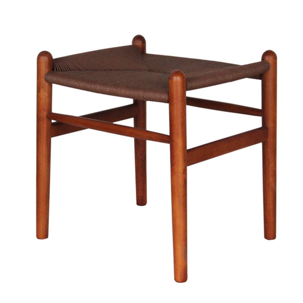 Tabouret de salon en bois massif et rotin avec assise rembourrée