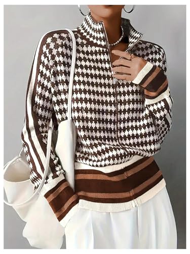 Image of SOLY HUX Cardigan Sweaters for Women Houndstooth Mock Neck Zip Up Long Sleeve Knit Cardigans Multicoloured Houndstooth Large