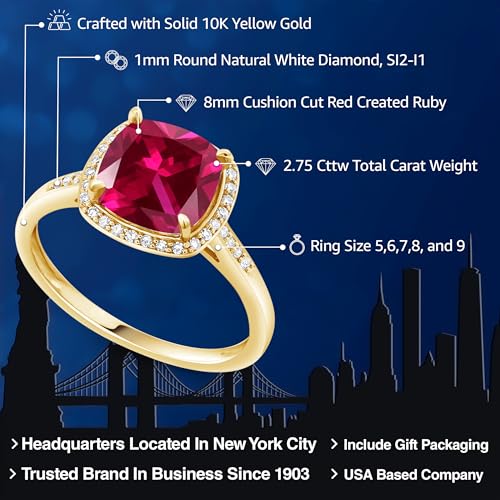 Gem Stone King 2-3 Cttw 10K Yellow Gold 8MM Cushion Cut Gemstone Birthstone and White Diamonds Halo Engagement Ring For Women | Wedding Anniversary Promise Ring | Available In Size 5, 6, 7, 8, 92