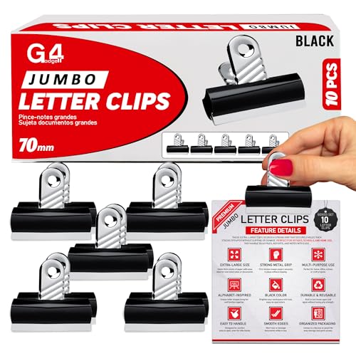 G4GADGET Pack of 10 Jumbo Black Bulldog Clips 70mm Heavy-Duty Metal Binder Clips Strong Grip Paper Clips for Office School & Home Ideal for Securing Documents & Files