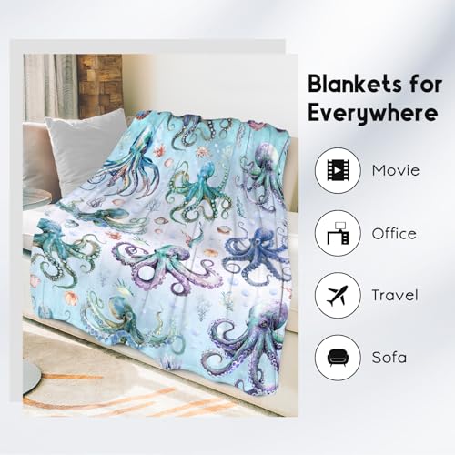 Octopus Blanket for Women, Cute Soft Gifts for Ocean Lovers, Cozy Flannel Throw for Bed Living Room, 60"x80"