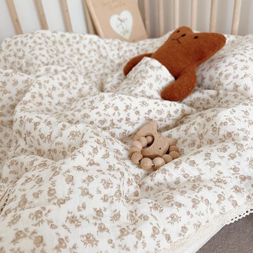 Image of BuLuTu Beige Baby Blanket Flower Print Kid Quilt for Girls Boys Muslin Toddler Quilts for Kids Bed Breathable Comforter Bedding Decor Birthday Gifts, Camellia Pattern, 60x78 Inches