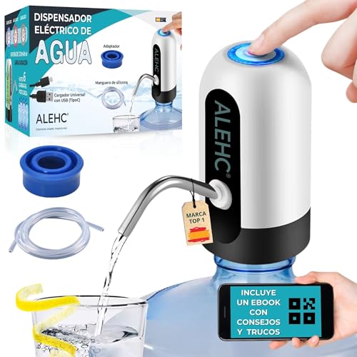ALEHC® Dispensador de Agua para Garrafas con Adaptador y Manguera - Recargable USB Tipo C - Compatible 8L-20L - Portátil para Camping, Hogar, Oficina - Silicona Alimentaria, Sin BPA